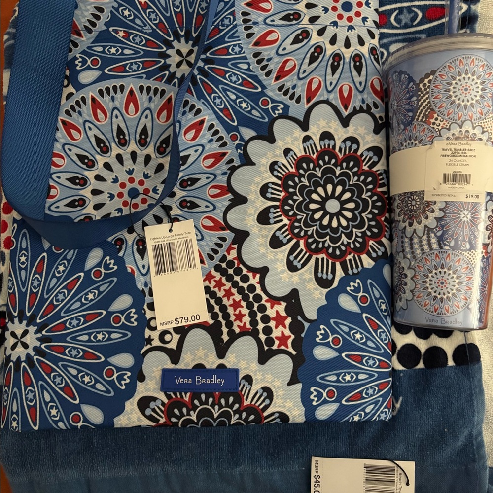 Vera Bradley 4 piece set. BeachTowel, tumbler & large tote wallet/id holder.NWT